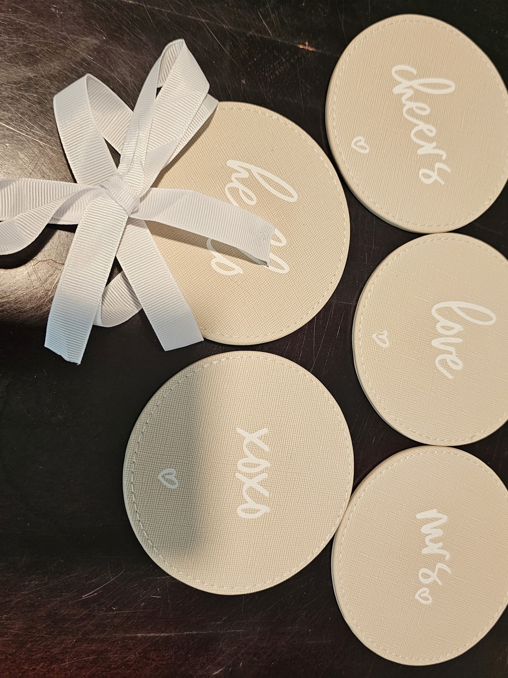 Leather Wedding Cream Round Party Coasters with White Script - Set of 5 New!
